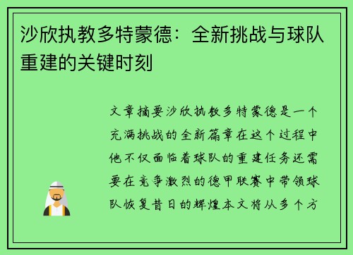 沙欣执教多特蒙德：全新挑战与球队重建的关键时刻