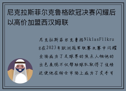 尼克拉斯菲尔克鲁格欧冠决赛闪耀后以高价加盟西汉姆联