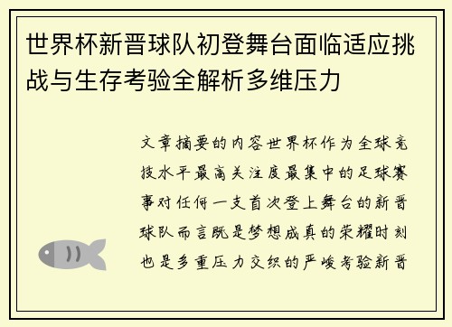 世界杯新晋球队初登舞台面临适应挑战与生存考验全解析多维压力